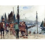 ***William Hoggatt (1880-1961) - Watercolour - Isle of Man quayside scene with fishermen loading a