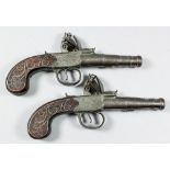 A pair of late 18th Century canon barrel flintlock pocket pistols, by G. Baileys of London, the .