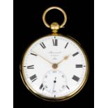 A Victorian 18ct gold open faced pocket watch by Barrauds, Cornhill, London, No. 2/1304, the white