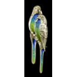 A 9ct gold and enamel brooch in the form of two budgerigars, 60mm x 16mm (gross weight 8.8 grammes)