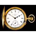 An Edward VII lady's 18ct gold half hunting cased keyless pocket watch by Dent, 34 Cockspur