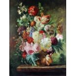 19th Century Continental school - Oil painting - Still life of flowers in a vase, canvas 31ins x