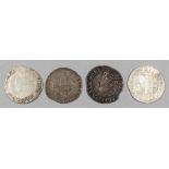 Four Charles I (1625-1649) shillings, mint marks Plume (1630-1631), Harp (1632-1633), Bell (1634-