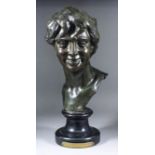 Late 19th/early 20th Century French school - Green patinated bronze bust of a young woman, 15ins