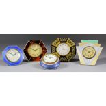 A collection of five small travelling timepieces, one with 2ins diameter gilt dial with luminous