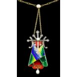 An early 20th Century 18ct gold mounted enamel, diamond and pearl pendant of Art Deco design, with