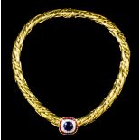 A modern 18k gold mounted sapphire, diamond and ruby collar, the central pendant set with