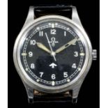 A gentleman's Omega military manual wind stainless cased wristwatch, the black dial with Arabic