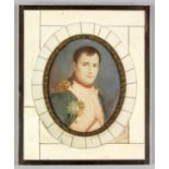 A Continental oval miniature portrait of the Emperor Napoleon, 3.5ins x 3ins, in ivory "piano key"