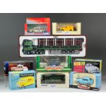 A mixed collection of diecast model vehicles, including - a Corgi Scania Topline flatbed trailer