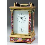 A modern Chinese gilt brass and cloisonne enamel cased carriage clock, the white enamel dial with