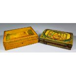 A 19th Century European satinwood box, the lid painted and varnished with a street scene, the