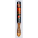 A Victorian turned wood truncheon, painted with "VR" and crown over royal coat of arms, over red