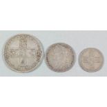 George II (1727-1760) - Half crown 1745 (Lima), shilling 1745 (Lima) and sixpence 1757, (all fine)