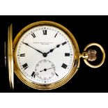 A George V 18ct gold half hunting cased keyless lever pocket watch by Manoah Rhodes & Sons Ltd. of