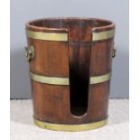 A George III brass bound mahogany plate bucket, the coopered sides three plain brass bands with