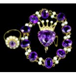 A 9ct gold mounted amethyst and seed pearl heart and Coronet pattern brooch, set with facet cut