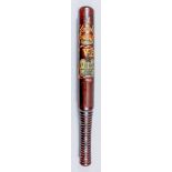 A Victorian turned rosewood truncheon, painted with "I" over crown over "V.R" over castle, with