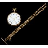 A George V 9ct gold cased open faced keyless pocket watch, the white enamel dial with Arabic