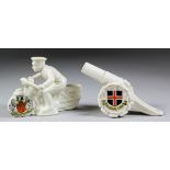 An Arcadian crested china WWI field gun, Durham City crest, 3ins high, and an Arcadian crested china