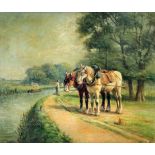George Smith (1870-1934) - Oil painting - Two heavy horses beside a canal towpath, canvas 17.75ins x