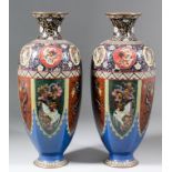 A pair of Japanese cloisonne enamel hexagonal baluster-shaped vases decorated with mythological