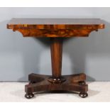 An early Victorian figured rosewood rectangular card table with baize lined folding top, shaped
