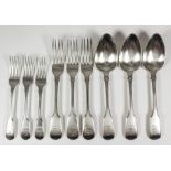 A set of six George IV silver fiddle pattern table spoons and six matching table forks, by William
