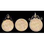 A Victorian 1890 Sovereign in 9ct gold mount with scroll cresting, a George V 1913 Sovereign, and