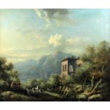 19th Century Continental school - Oil painting - Mountain landscape with two figures and goats to