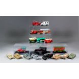 A large collection of diecast model buses, coaches, cars, vans and some military vehicles by various