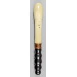 A 19th/20th Century turned ivory truncheon with hardwood handle with metal ferrule, 12.25ins