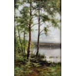 Ernest Parton (1845-1933) - Oil painting - Lake scene with silver birches, canvas 27ins x 17ins,