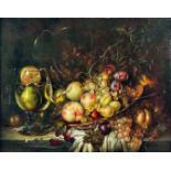 ***Keith Cresswell (1914-1989) - Oil painting - Still life with bowl of fruit on table, canvas 16ins