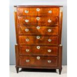 A 19th Century French figured mahogany tall chest in the Empire manner, fitted six long drawers