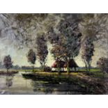 Van Praag (20th Century Dutch school) - Oil painting - River scene with trees lining the riverbank