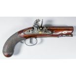 A good 18th Century gentleman's .75 calibre overcoat flintlock pistol, the 5ins damascus steel