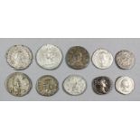 Ten Roman silver denarii and antoninii (Trajan, Antoninus Pius, Faustina Junior, Septimus Severus,