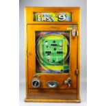 A 1950's oak cased Oliver Whales "Easy 9""Penny-in-the-Slot" Allwin with football themed face and "