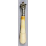 A Victorian silvery metal and turned ivory tipstaff, with cast crown over engraved royal coat of