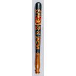 A Victorian turned wood truncheon, painted with "VR" over crown over "S.C91" over design, on a black