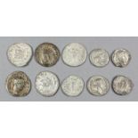 Ten Roman silver denarii and antoninii (Trajan, Severus, Septimus Severus, Julia Domna, Gordian III,