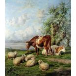 Style of Thomas Sydney Cooper (1803-1902) - Oil painting - Rural scene with cattle and sheep,