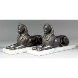 19th/20th Century Continental school - A pair of bronze figures of reclining sphinx, 5.5ins high,