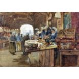 Henry Silkstone Hopwood (1860-1914) - Watercolour - Covered fishmarket with figures, 10ins x