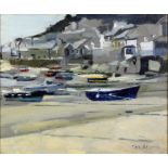 ***Ken Howard (born 1932) - Oil painting - "Mousehole" - Harbour scene, 10ins x 12ins, signed, in