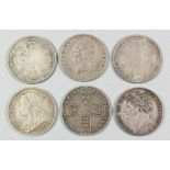 Six half Crowns, Charles II 1683, William & Mary 1693, William III 1697 (York Mint), George IIII