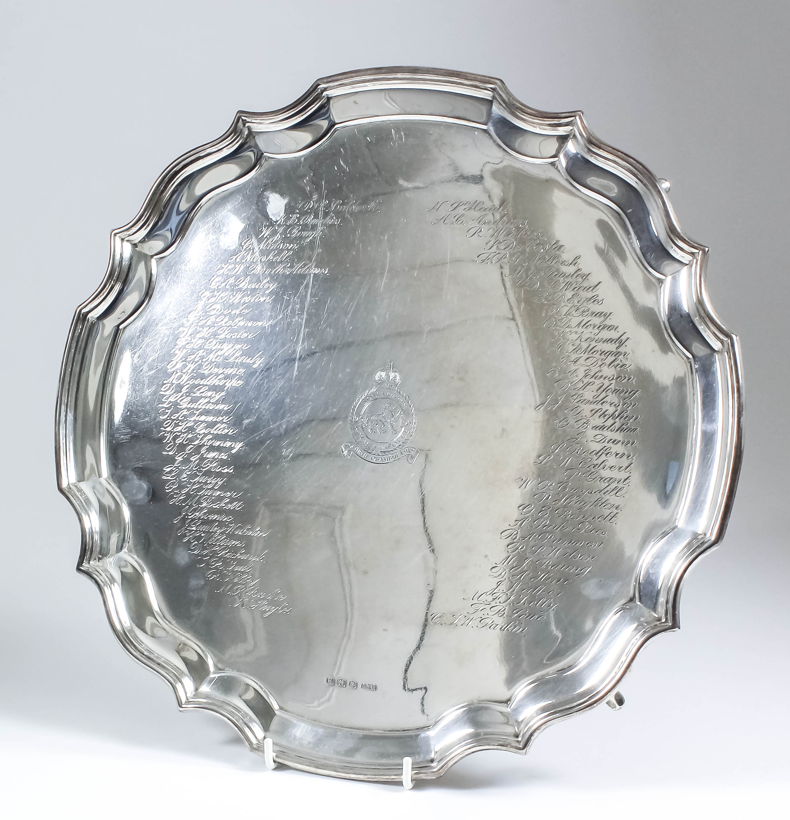 A George VI silver circular salver with shaped and moulded rim, engraved with Royal Air Force 96