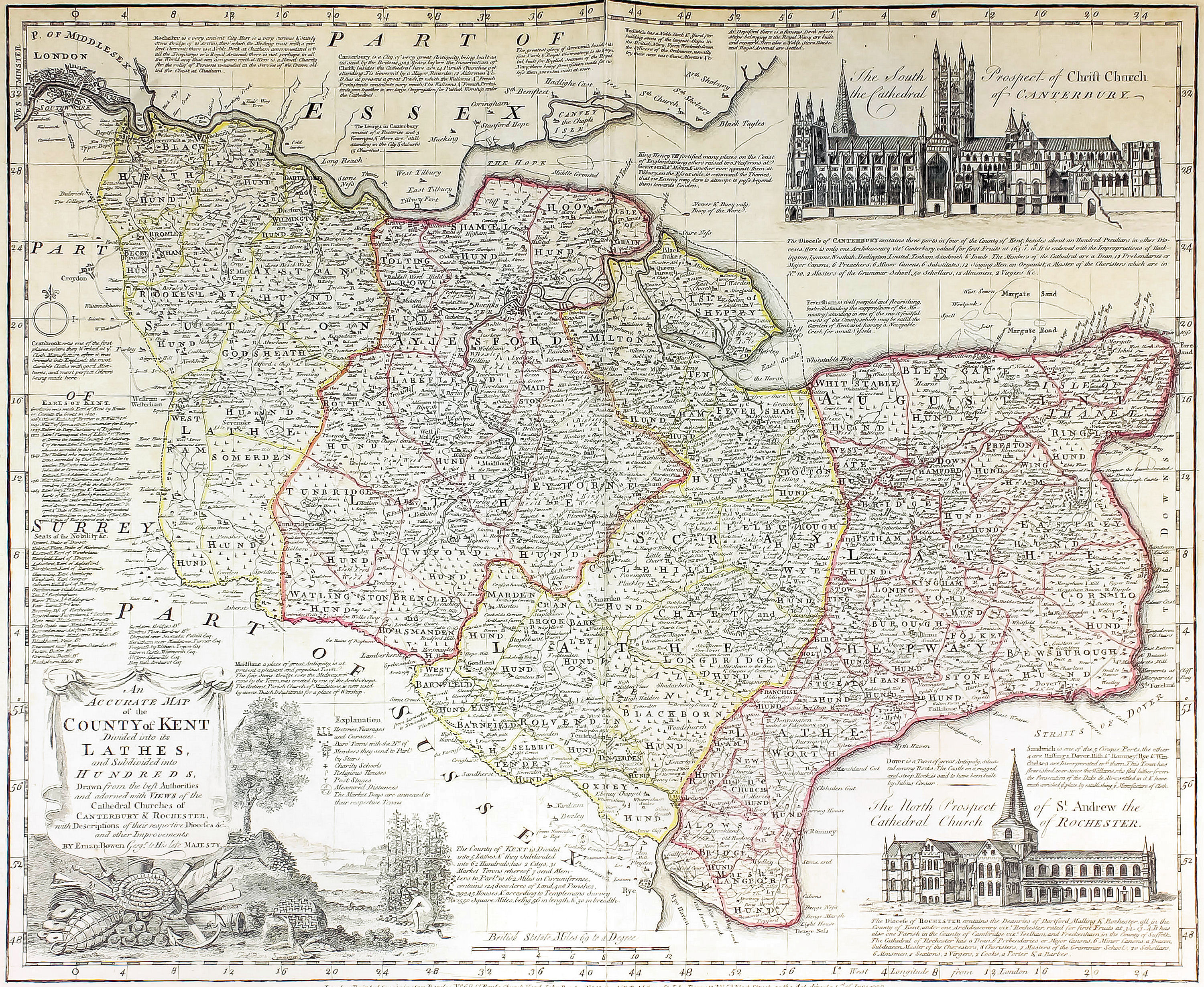 Emanuel Bowen (fl.1714 - died 1767) - Coloured engraving - "An Accurate Map Of The County Of Kent