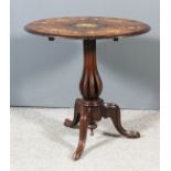 A Victorian walnut and marquetry oval tripod occasional table, the top inlaid with floral and leaf